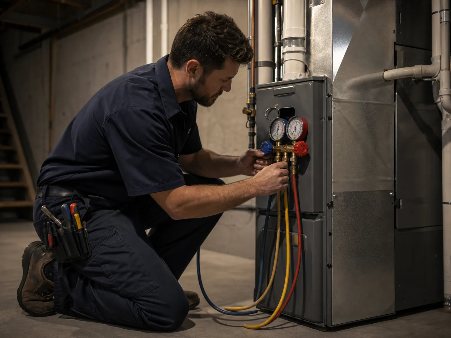 Furnace repair in a basement