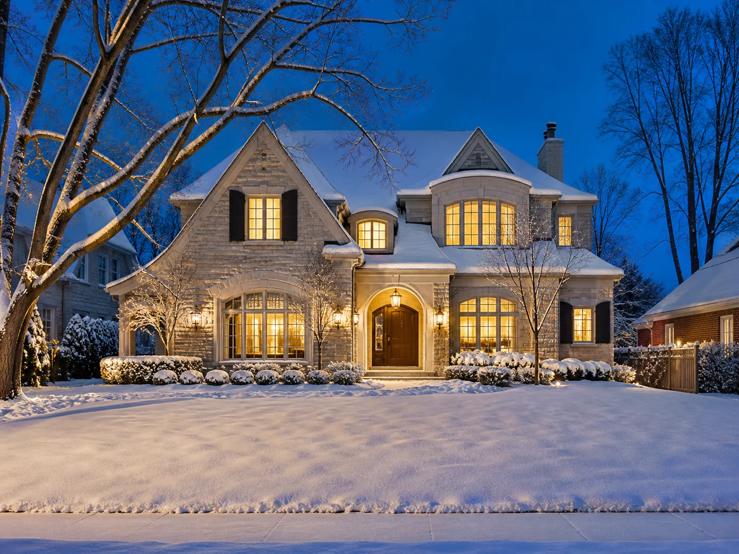 Suburban home in winter with warm lights